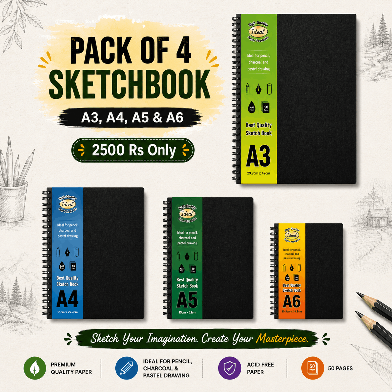 Sketch Book Journal Bundle - Pack of 4 Pcs – 50 Sheets – 130g Paper