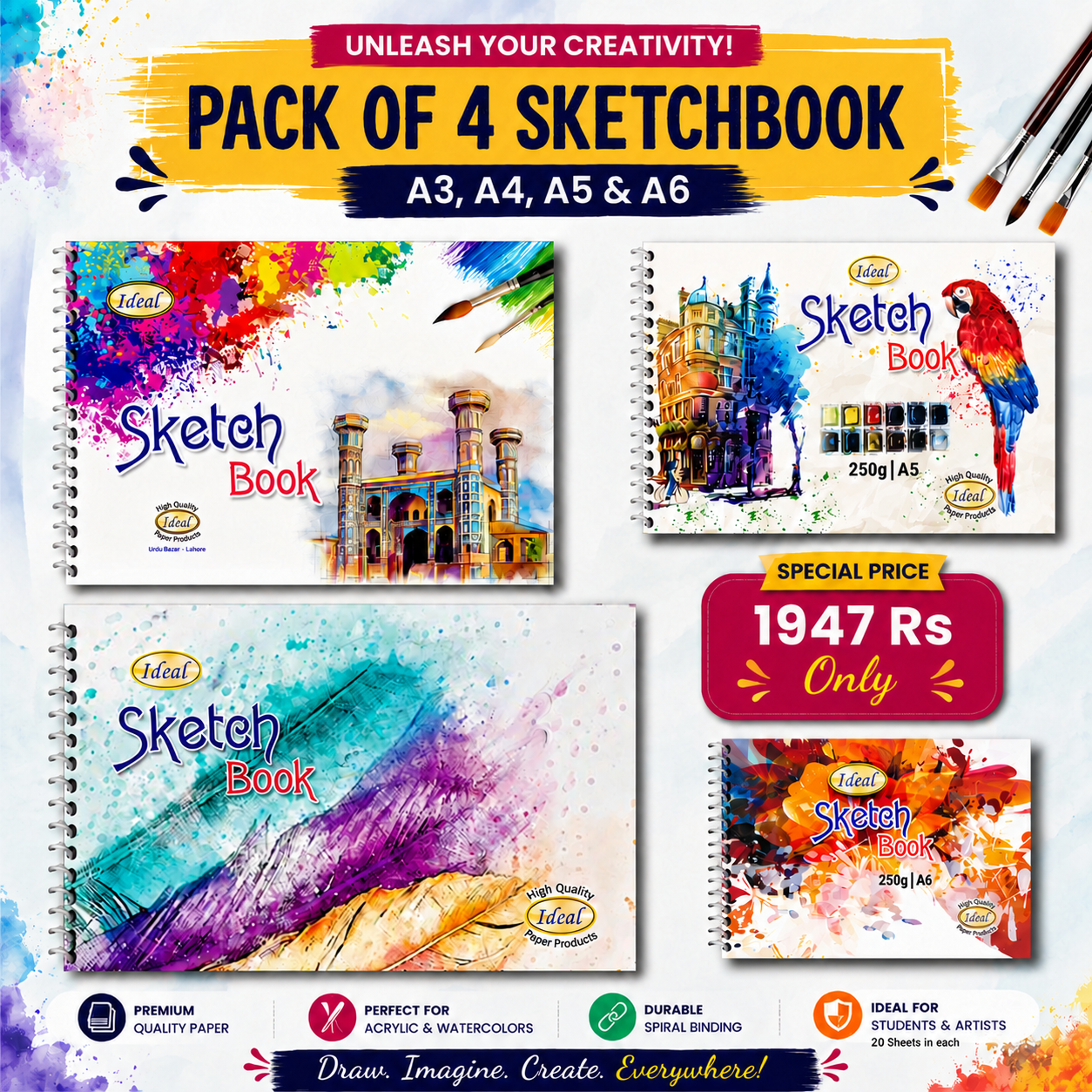 Sketch Book 250g Bundle – Pack of 4 Sketchbooks - For Acrylic &amp; Watercolor